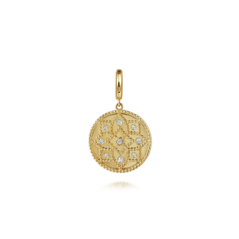 14K Yellow Gold Bujukan and Diamond Medallion Pendant in size 18mm With Detachable Bail - 0.11 ct - Shot 1