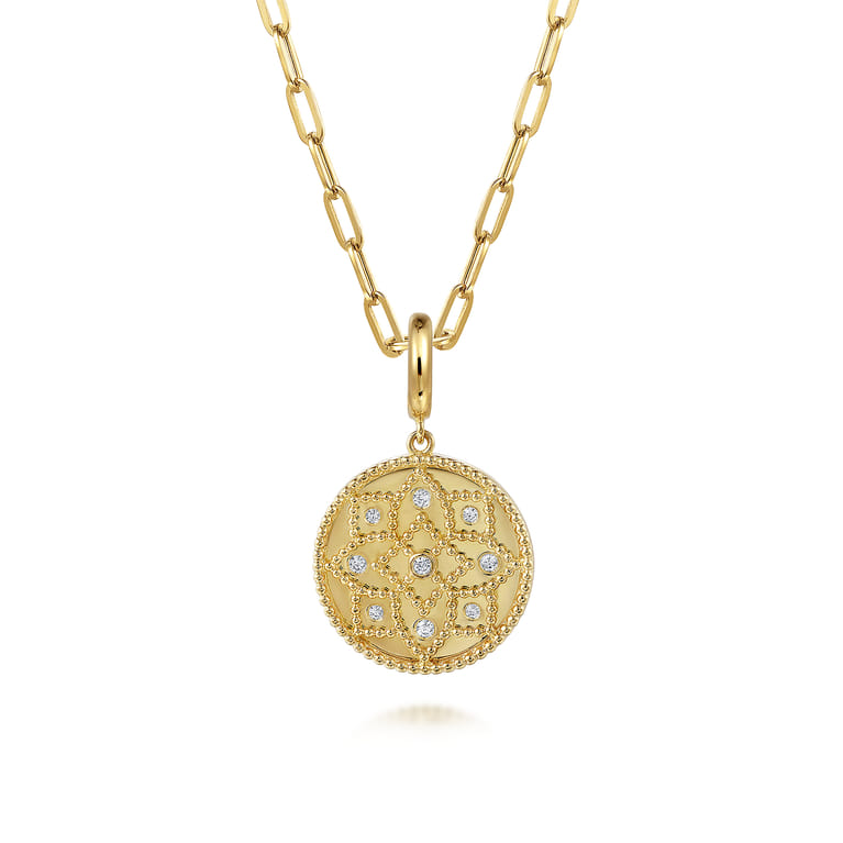 14K Yellow Gold Bujukan and Diamond Medallion Pendant in size 18mm With Detachable Bail - 0.11 ct - Shot 3