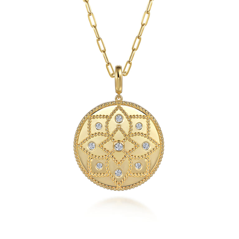 14K Yellow Gold Bujukan and Diamond Medallion Pendant in size 32mm With Detachable Bail - 0.5 ct - Shot 3