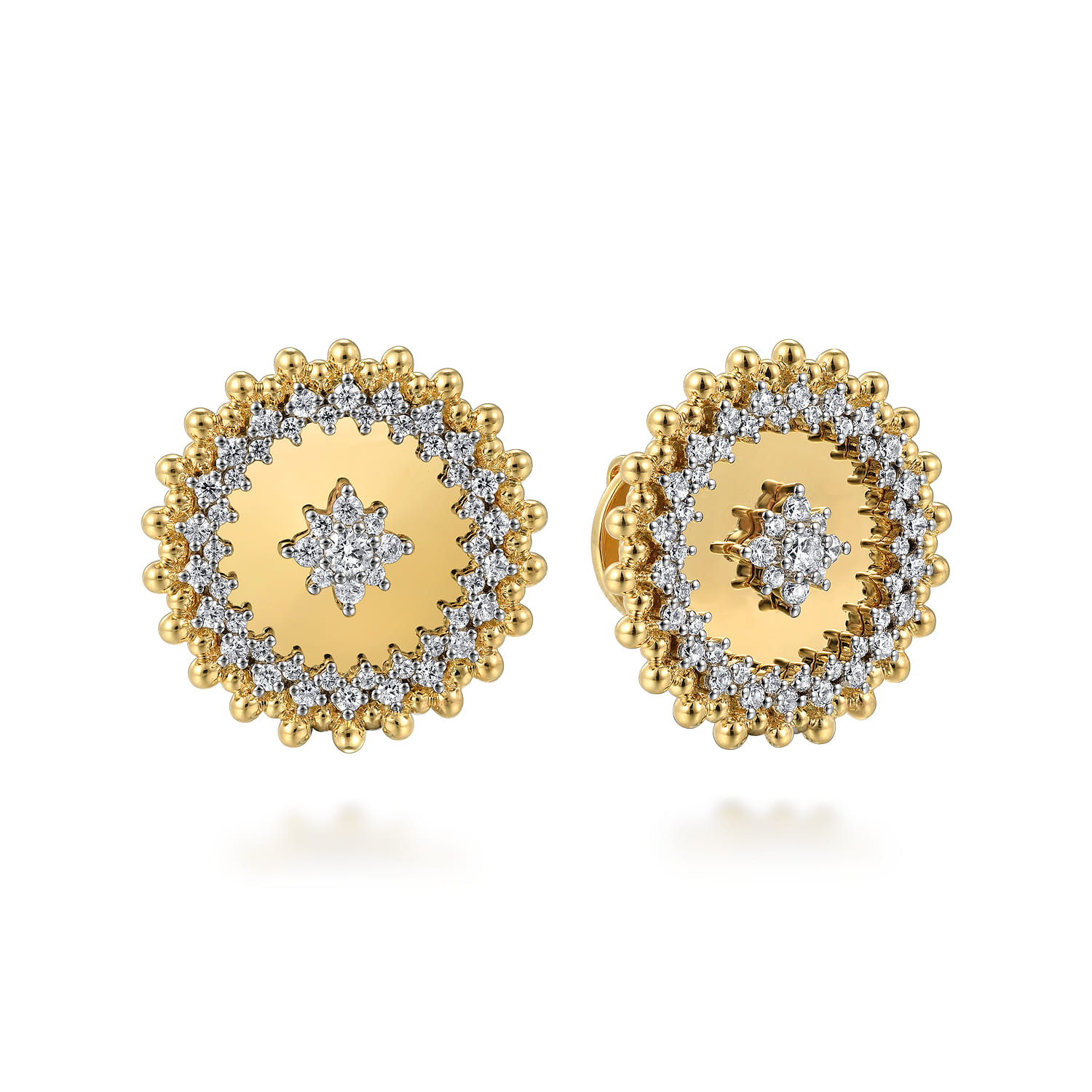 14K Yellow Gold Bujukan and Diamond Medallion Stud Earrings - 0.7 ct - Shot 1