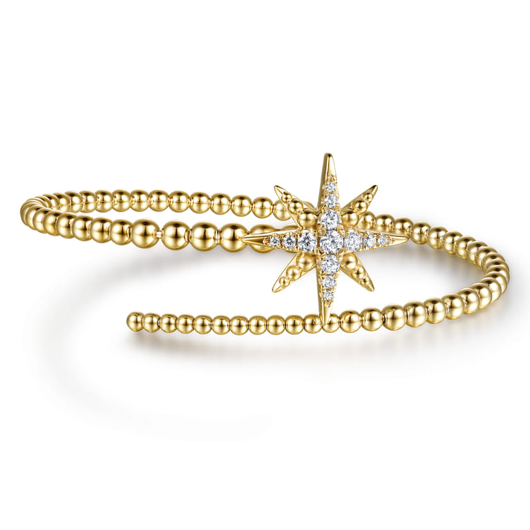 14K Yellow Gold Bujukan and Diamond Starburst Bypass Bangle Bracelet - 0.3 ct - Shot 1