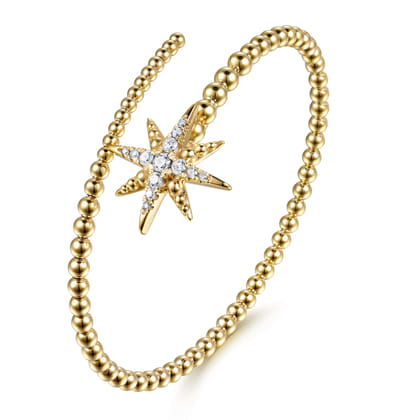 14K Yellow Gold Bujukan and Diamond Starburst Bypass Bangle Bracelet