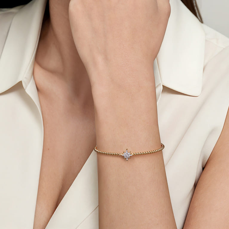 14K Yellow Gold Bujukan and Diamond Starburst Split Bangle Bracelet - 0.15 ct - Shot 4