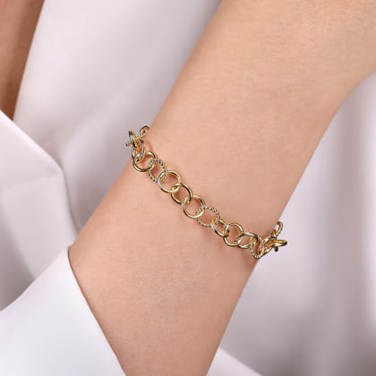 14K Yellow Gold Bujukan and Hollow Tube Link Chain Bracelet