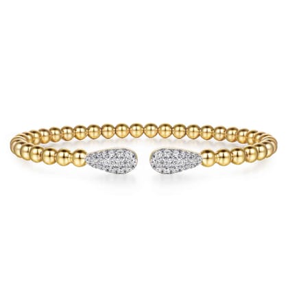 14K Yellow Gold Bujukan and Pave Diamond Teardrop Open Bangle Bracelet