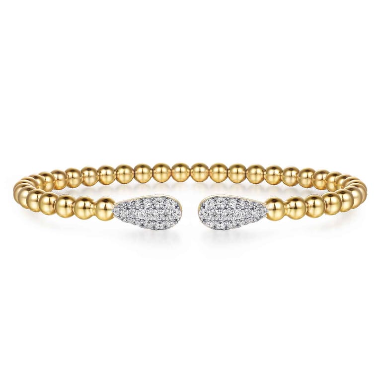 14K Yellow Gold Bujukan and Pave Diamond Teardrop Open Bangle Bracelet - 0.6 ct - Shot 1