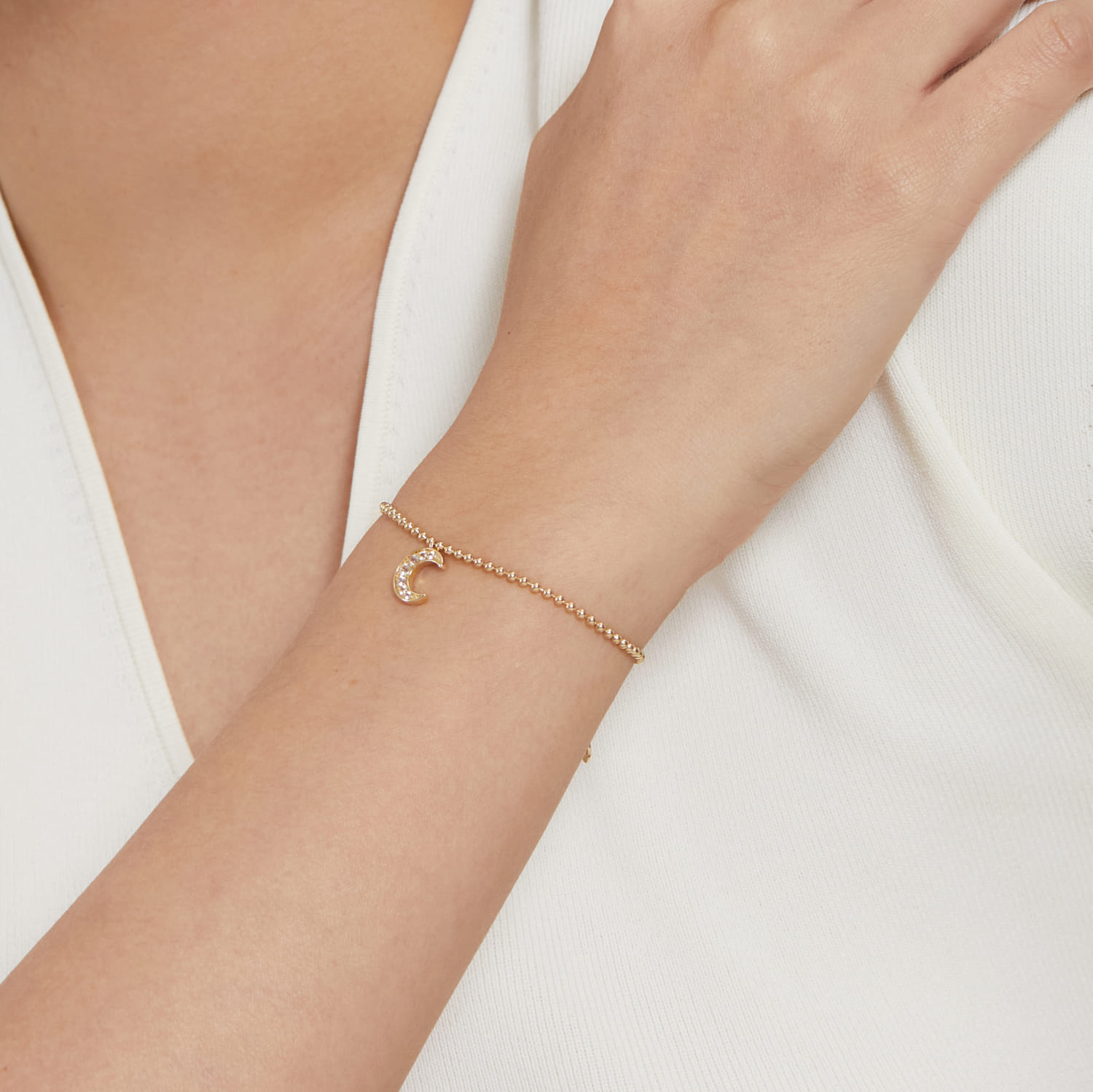 14K Yellow Gold Bujukan and White Sapphire Moon Charm Bracelet - Shot 4