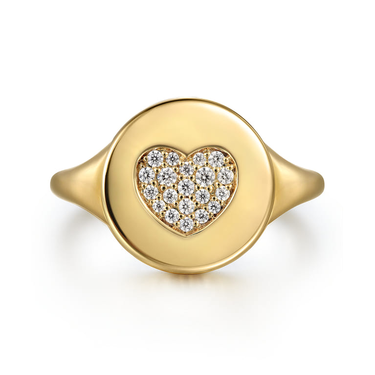14K Yellow Gold Bujukan diamond heart Signet Ring - 0.11 ct - Shot 1