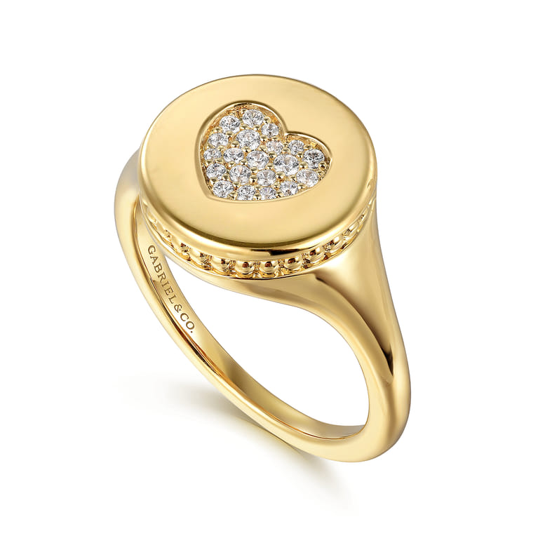 14K Yellow Gold Bujukan diamond heart Signet Ring - 0.11 ct - Shot 3