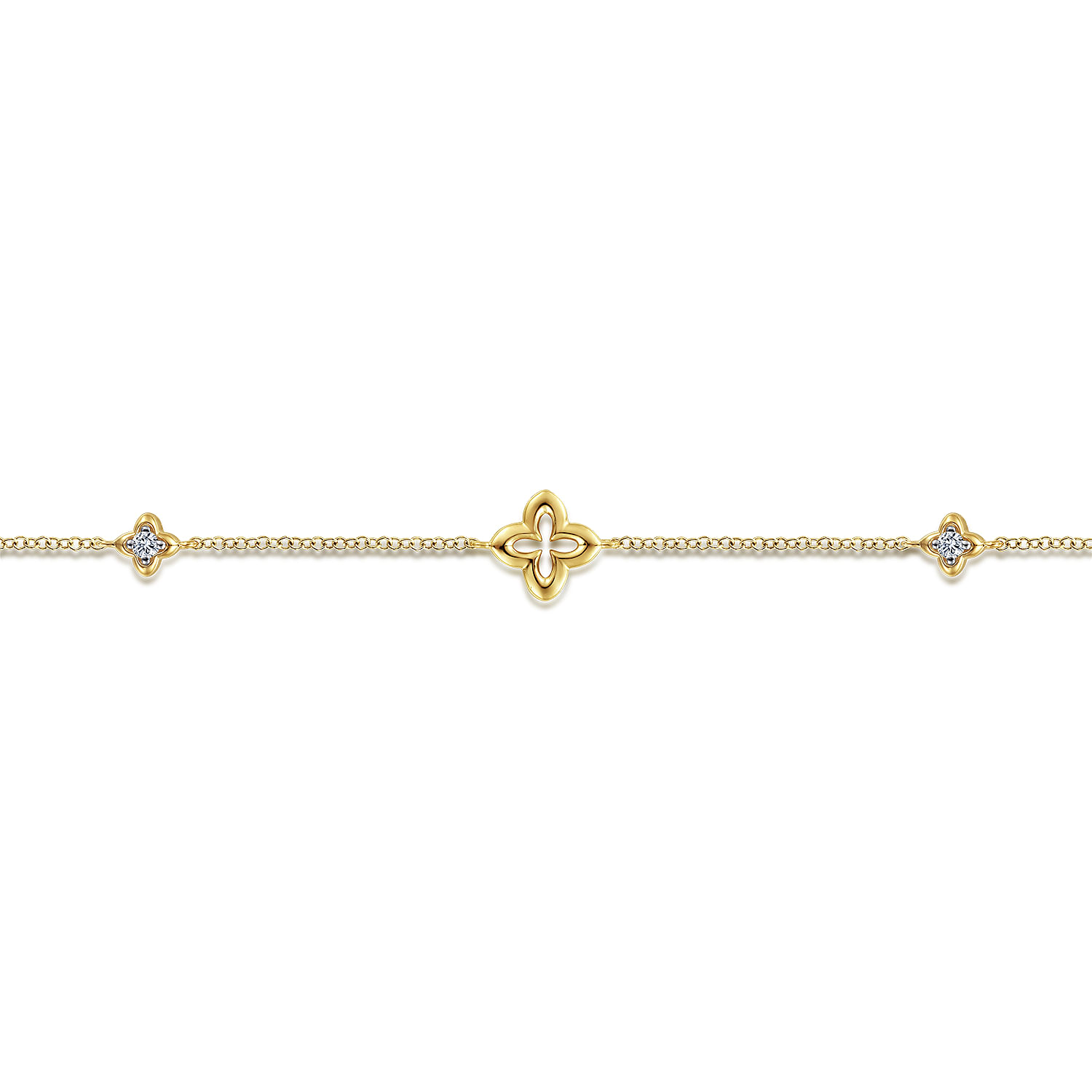 14K Yellow Gold Chain Ankle Bracelet with Clover and White Sapphire Stations