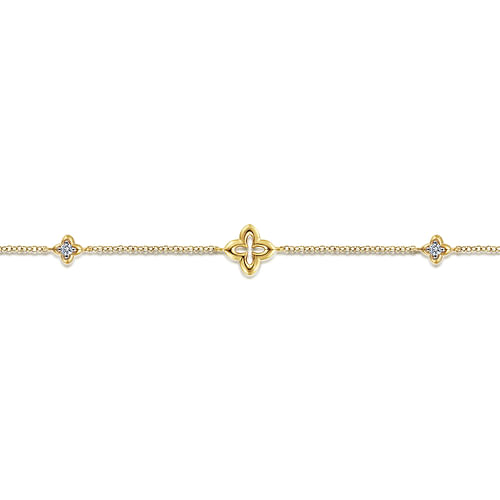 14K Yellow Gold Chain Ankle Bracelet with Clover and White Sapphire Stations - Shot 2