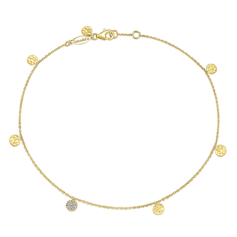 14K Yellow Gold Chain Ankle Bracelet with Round Hammered and Diamond Disc Drops - 0.07 ct - Shot 1