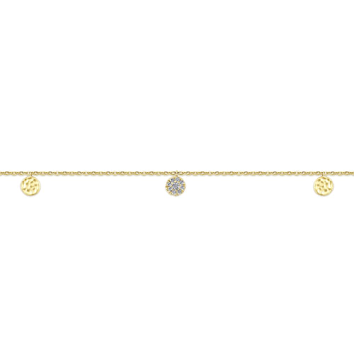 14K Yellow Gold Chain Ankle Bracelet with Round Hammered and Diamond Disc Drops - 0.07 ct - Shot 2