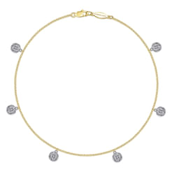 14K Yellow Gold Chain Ankle Bracelet with Round White Gold Diamond Drops