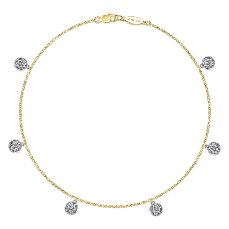 14K Yellow Gold Chain Ankle Bracelet with Round White Gold Diamond Drops - 0.13 ct - Shot 1