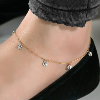 14K Yellow Gold Chain Ankle Bracelet with Round White Gold Diamond Drops