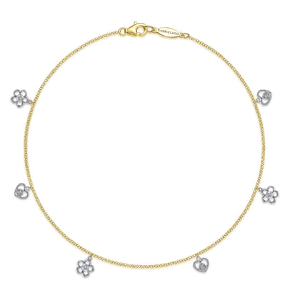 14K Yellow Gold Chain Ankle Bracelet with White Gold Diamond Flower and Heart Charms