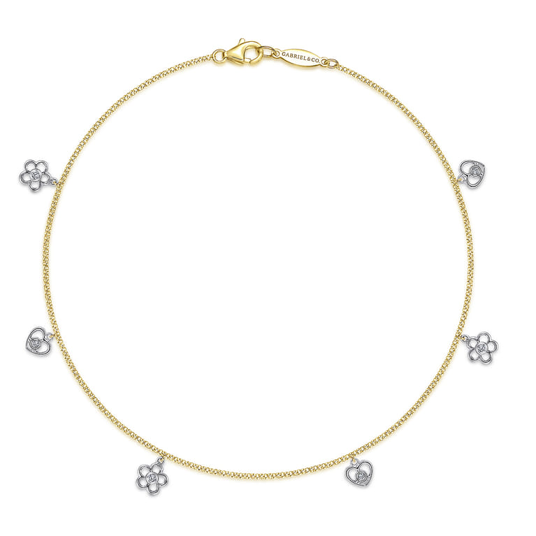 14K Yellow Gold Chain Ankle Bracelet with White Gold Diamond Flower and Heart Charms - 0.09 ct - Shot 1