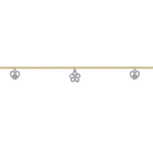 14K Yellow Gold Chain Ankle Bracelet with White Gold Diamond Flower and Heart Charms - 0.09 ct - Shot 2