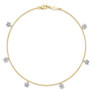 14K Yellow Gold Chain Ankle Bracelet with White Gold Diamond Flower and Star Charms