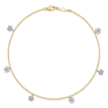 14K Yellow Gold Chain Ankle Bracelet with White Gold Diamond Flower and Star Charms