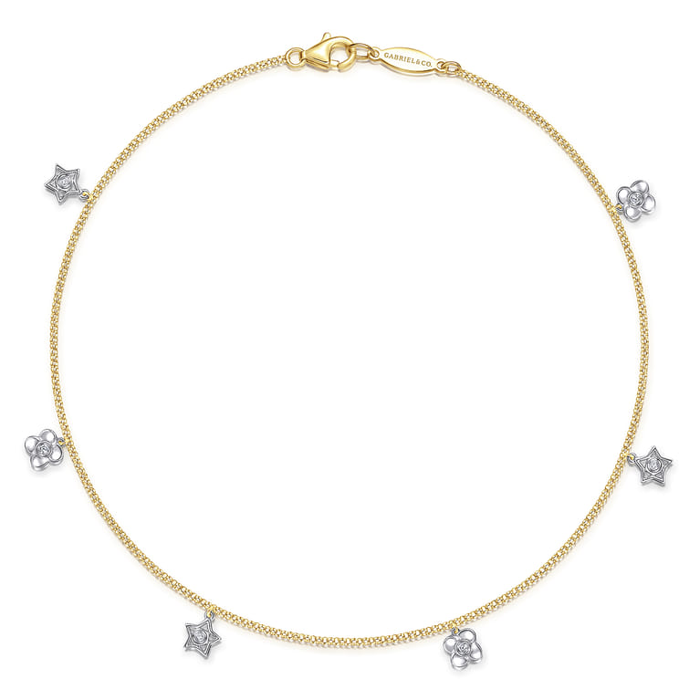 14K Yellow Gold Chain Ankle Bracelet with White Gold Diamond Flower and Star Charms - 0.06 ct - Shot 1