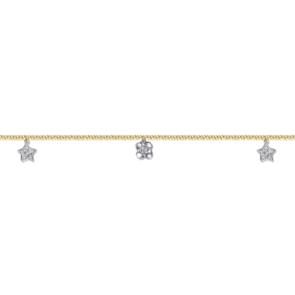 14K Yellow Gold Chain Ankle Bracelet with White Gold Diamond Flower and Star Charms