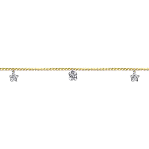 14K Yellow Gold Chain Ankle Bracelet with White Gold Diamond Flower and Star Charms - 0.06 ct - Shot 2