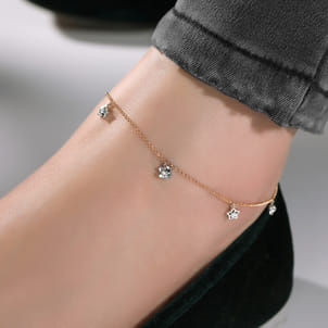 14K Yellow Gold Chain Ankle Bracelet with White Gold Diamond Flower and Star Charms