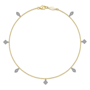 14K Yellow Gold Chain Ankle Bracelet with White Gold Diamond Leaf and Square Charms