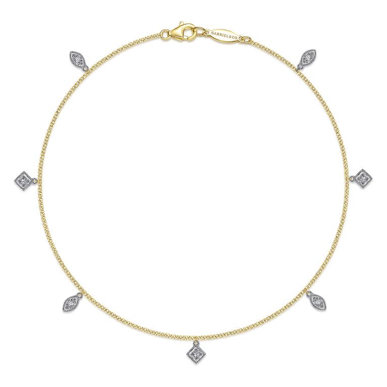 14K Yellow Gold Chain Ankle Bracelet with White Gold Diamond Leaf and Square Charms - 0.1 ct - Shot 1
