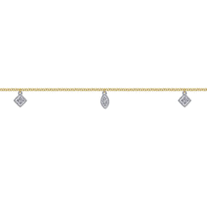14K Yellow Gold Chain Ankle Bracelet with White Gold Diamond Leaf and Square Charms