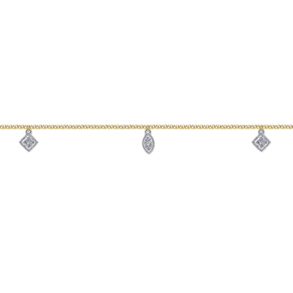 14K Yellow Gold Chain Ankle Bracelet with White Gold Diamond Leaf and Square Charms
