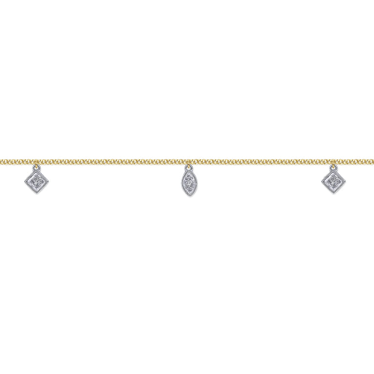 14K Yellow Gold Chain Ankle Bracelet with White Gold Diamond Leaf and Square Charms - 0.1 ct - Shot 2