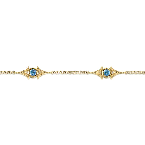 14K Yellow Gold Chain Bracelet with Blue Topaz Triangle Stations - Shot 2