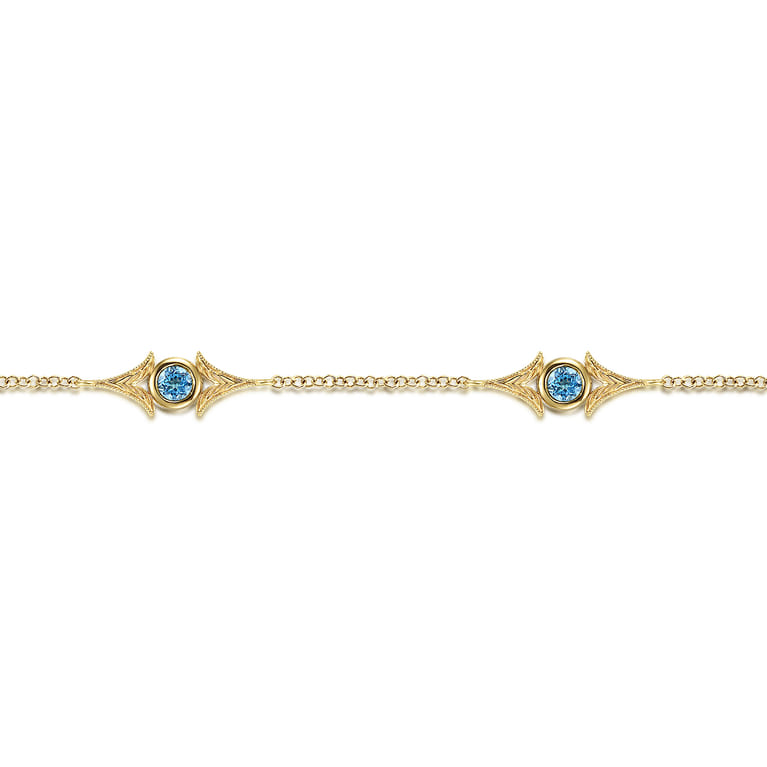 14K Yellow Gold Chain Bracelet with Blue Topaz Triangle Stations - Shot 2