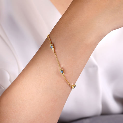 14K Yellow Gold Chain Bracelet with Blue Topaz Triangle Stations - Shot 3