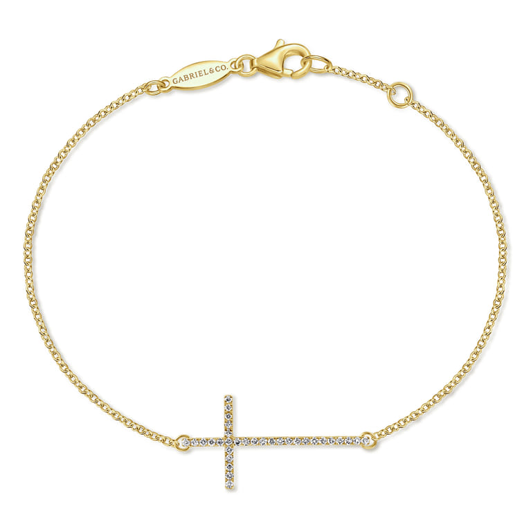 14K Yellow Gold Chain Bracelet with Diamond Cross - 0.12 ct - Shot 1
