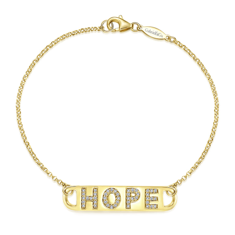 14K Yellow Gold Chain Bracelet with Diamond HOPE Nameplate - 0.21 ct - Shot 1