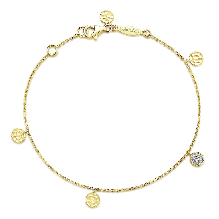 14K Yellow Gold Chain Bracelet with Hammered and Pave Diamond Discs - 0.07 ct - Shot 1