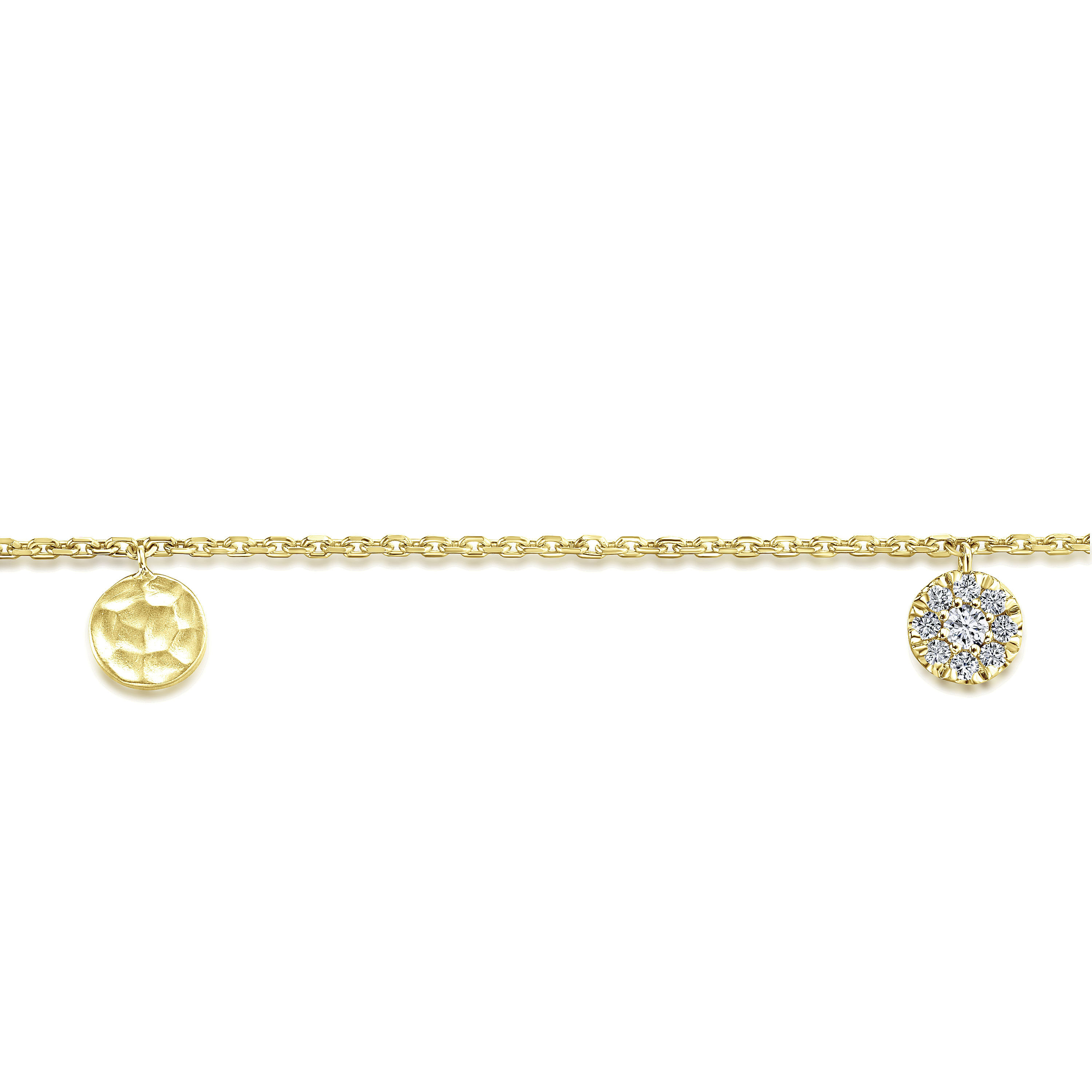 14K Yellow Gold Chain Bracelet with Hammered and Pave Diamond Discs - 0.07 ct - Shot 2