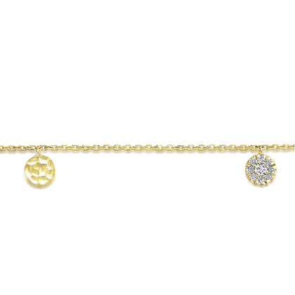 14K Yellow Gold Chain Bracelet with Hammered and Pave Diamond Discs
