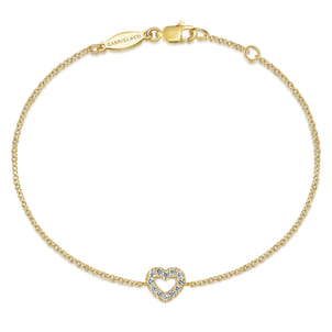 14K Yellow Gold Chain Bracelet with Pave Diamond Heart