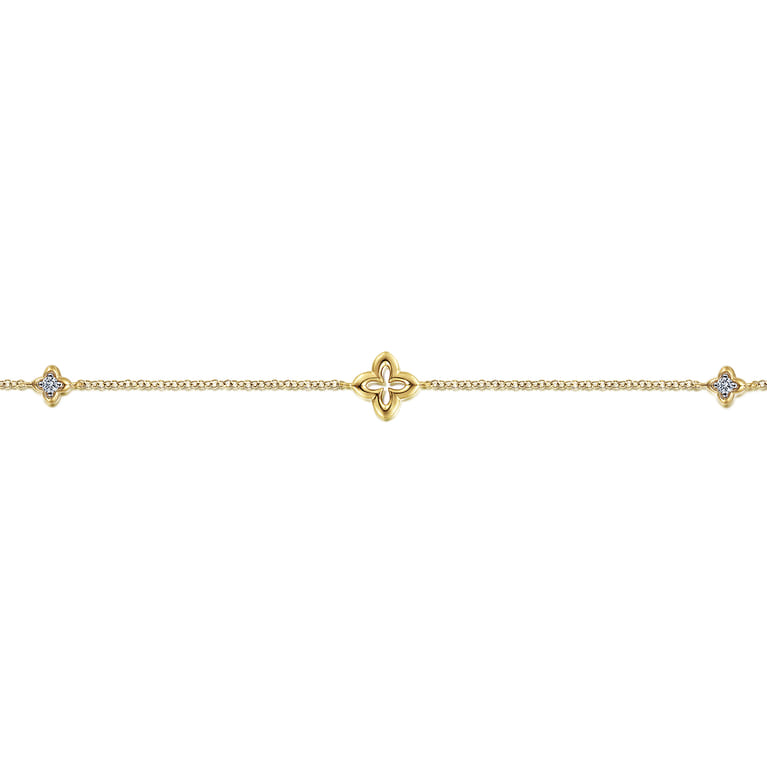 14K Yellow Gold Chain Bracelet with White Sapphire Clover Stations - Shot 2