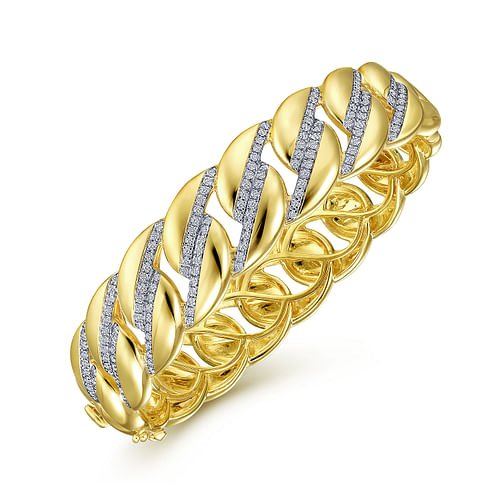 14K Yellow Gold Chain Link Bangle with Diamond Pave Stations - 1.3 ct - Shot 2