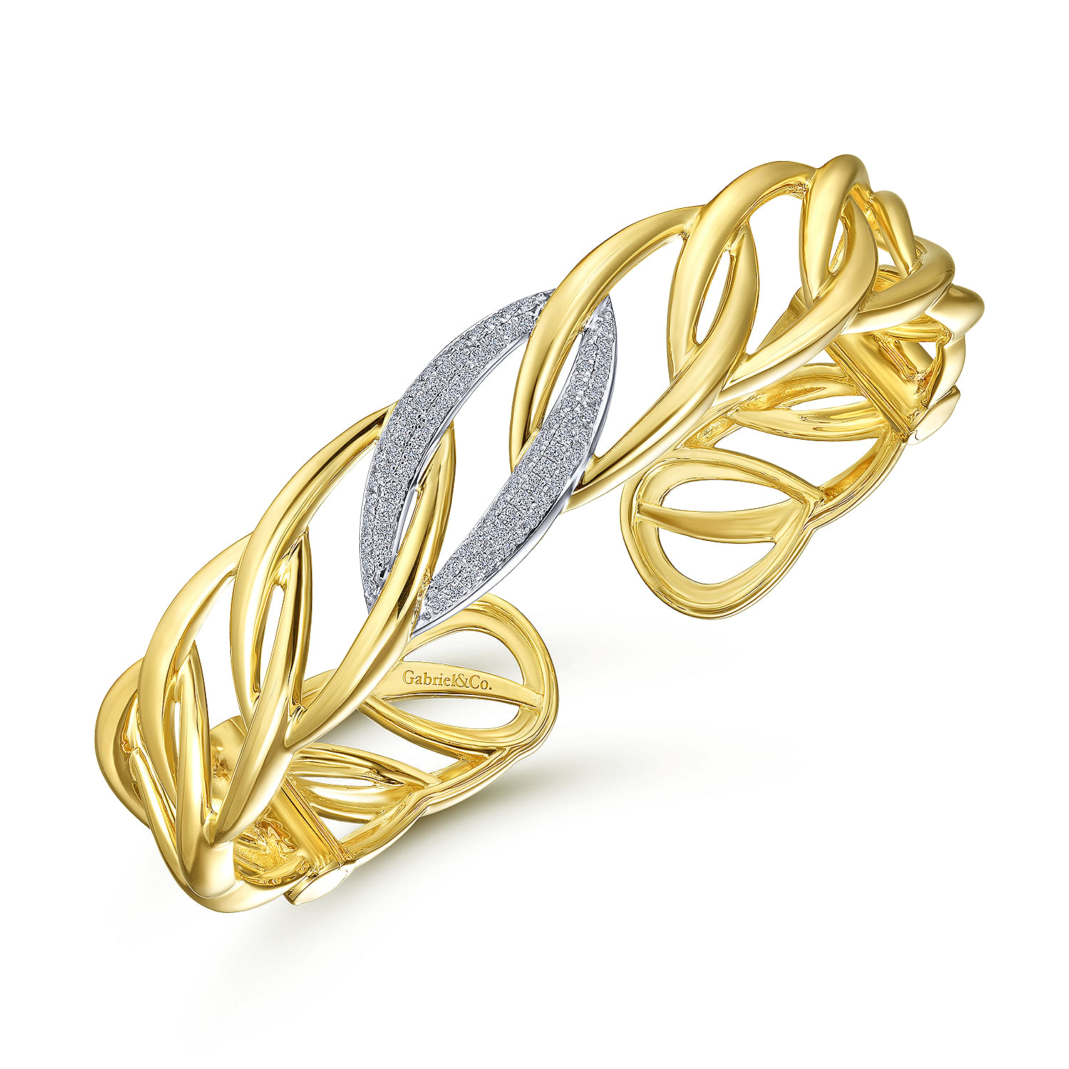 14K Yellow Gold Chain Link Cuff Bracelet with White Gold Pave Diamond Station - 0.42 ct - Shot 2
