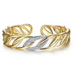 14K Yellow Gold Chain Link Cuff Bracelet with White Gold Pave Diamond Station