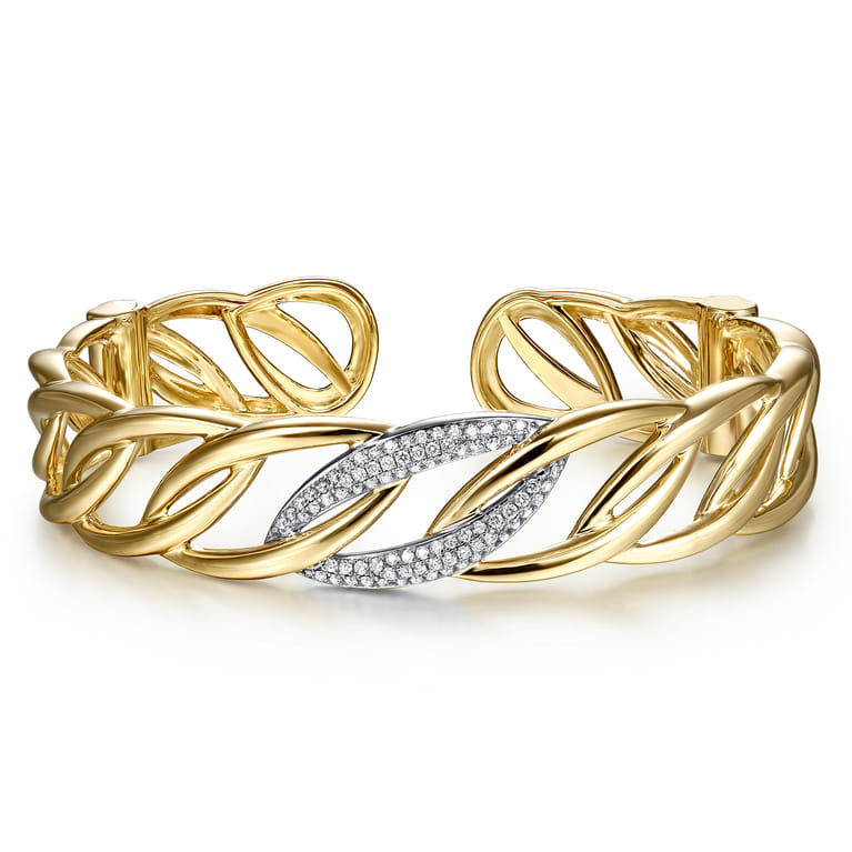 14K Yellow Gold Chain Link Cuff Bracelet with White Gold Pave Diamond Station - 0.42 ct - Shot 1