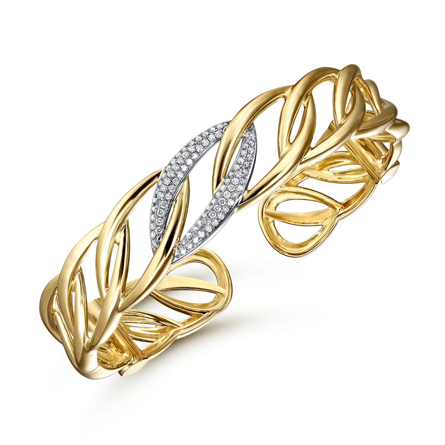 14K Yellow Gold Chain Link Cuff Bracelet with White Gold Pave Diamond Station - 0.42 ct - Shot 2