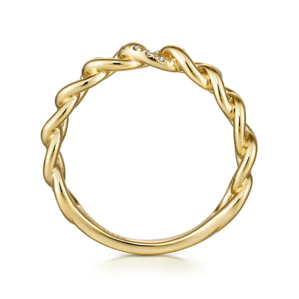 14K Yellow Gold Chain Link Ring Band with Pave Diamond Station